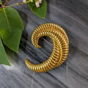 Gold Textured Crescent Brooch - Women Jewelry